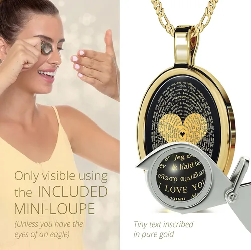 Miniatura 4 de Love Necklace with I Love You inscribed in 120 languages in Miniature Text of Pure Gold on a Romantic Onyx Pendant for Women, 18" Rolo Chain