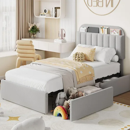 Miniatura 13 de IDEALHOUSE Base de cama individual para niños, cama plataforma tapizada con botones para niños/niñas con 2 cajones flexibles, cabecero tipo
