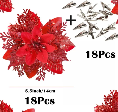 Miniatura 4 de 18 flores de Pascua de Navidad con purpurina, decoraciones de nochebuena roja para adornos de árbol de Navidad