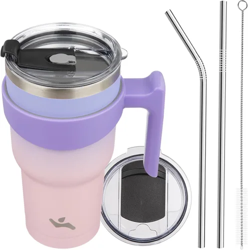 Miniatura 51 de Konokyo - Vaso de 10 onzas con asa y 2 popotes, 2 tapas, botella de agua aislada de acero inoxidable, taza de viaje reutilizable, color verde militar