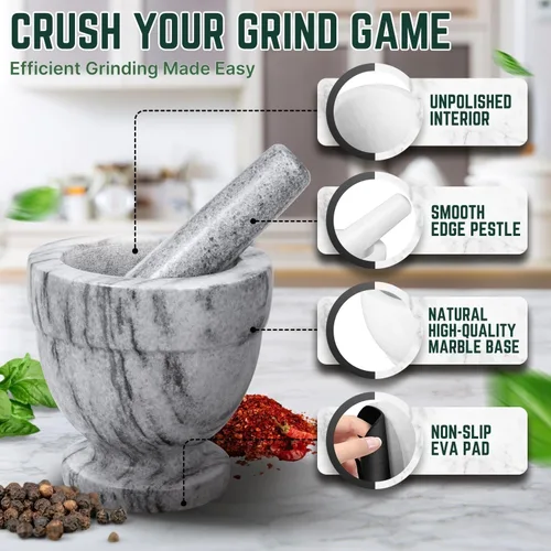 Miniatura 8 de Flexzion Juego de mortero y mortero, blanco – Molcajete de granito pesado sólido de 4 pulgadas molcajete trituradora de piedra para guacamole