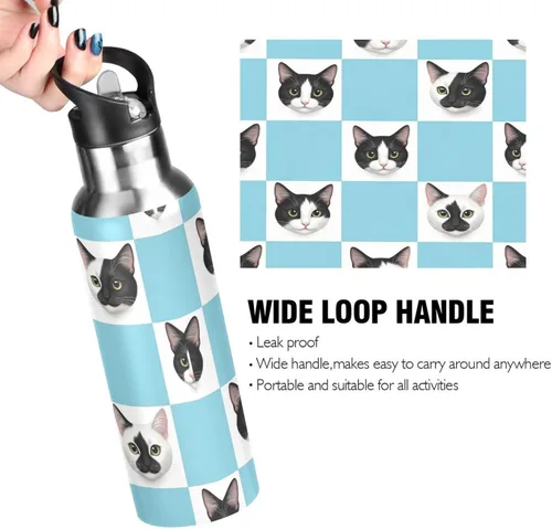 Miniatura 4 de Stainless Steel Vacuum Insulated Water Bottle 20 Oz, Leakproof Water Bottles for Gym Outdoor Travel School, Black White Cat Checkerboard