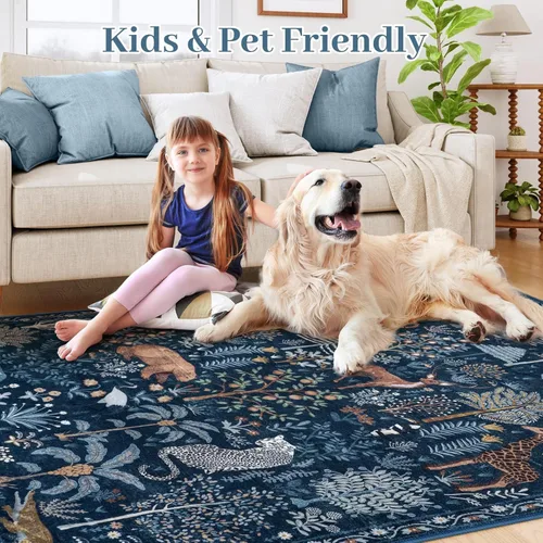 Miniatura 3 de OJIA Alfombras azules con estampado de selva de 5 x 7 pies para sala de estar, suaves, ultrafinas, lavables, para dormitorio, alfombra de entrada