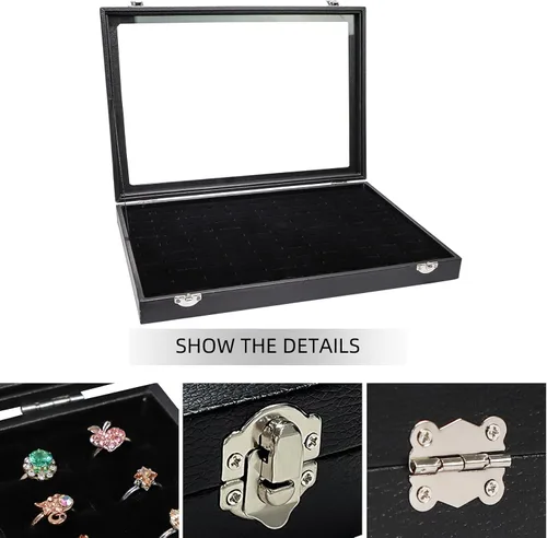 Miniatura 4 de Wuligirl - Bandeja organizadora de anillos con 100 ranuras y tapa transparente, organizador apilable de joyas como aretes, collares y anillos