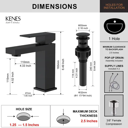 Miniatura 6 de KENES Grifo de lavabo de baño de una sola manija negro mate, grifo de tocador de acero inoxidable para lavabo de baño, con tapón de drenaje