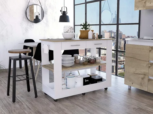 Miniatura 5 de FM FURNITURE Brooklyn 80 Isla de cocina con acento de roble claro, con estantes y cajones