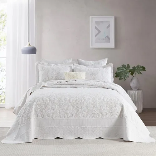 Miniatura 13 de Juego de cubrecama extra grande de 100% algodón de tamaño king, 120"x120", con fundas de almohada, juego de ropa de cama bordada ligera de 3 piezas