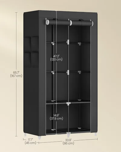 Miniatura 6 de SONGMICS Armario portátil, Organizador de armario con cubierta, 2 barras para colgar y estantes, 4 bolsillos laterales, 33.9 x 17.7 x 65.7 pulgadas