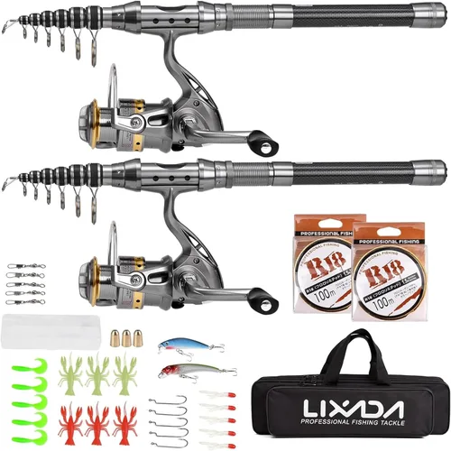 Miniatura 10 de Lixada Juego de 2 cañas de pescar de 1.5/1.8/2.1/7.9 ft, carrete de caña telescópica de fibra de carbono, carrete de pesca con ganchos, señuelos