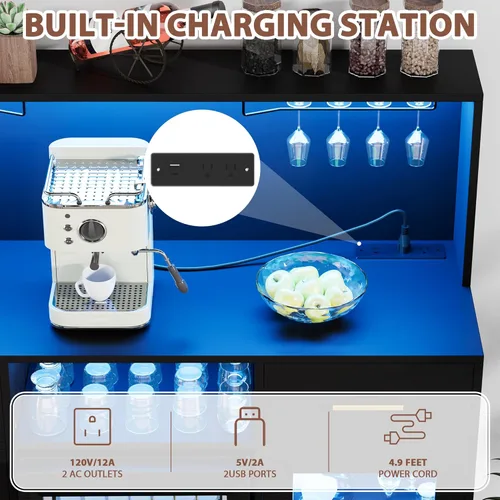 Miniatura 7 de Mini gabinete de nevera con almacenamiento, gabinetes de bar de vinos para el hogar con luz LED y toma de corriente, gabinete de barra de café
