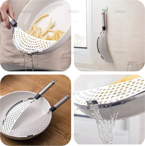Miniatura 5 de AUEAR, Colador de pasta de mano de acero inoxidable para diferentes herramientas de cocina de olla y sartén (1 paquete, con asa)