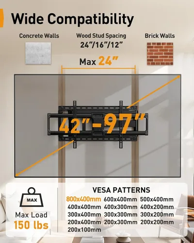 Miniatura 2 de Perlegear PGXLF02 - Soporte de pared de brazo largo y movimiento completo para TV de 42 a 97 pulgadas hasta 68 kg, soporte de TV preensamblado