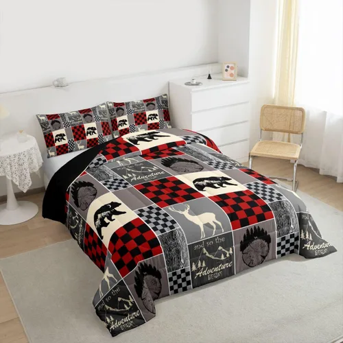 Miniatura 112 de Juego de edredón de oso y ciervo, tamaño individual, ropa de cama de animales salvajes de caza, colcha rústica de cabaña, casa de campo, cuadros