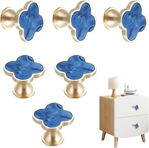 6 piezas de manijas de pomo de trébol de cuatro hojas de latón, pomos dorados para gabinetes, cajones, cómodas, muebles, cocina, armario, baño,