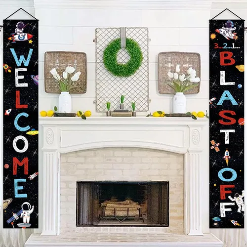 Miniatura 2 de Spaceship Welcome Blast Off Door Banner, cartel de porche y telón de fondo para fiesta de cumpleaños