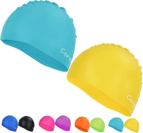 Miniatura 8 de Gorro de natación, paquete de 2 gorras de natación de silicona duraderas para niños, niñas, niños y jóvenes (edad 2-12), suaves 3D ergonómicos
