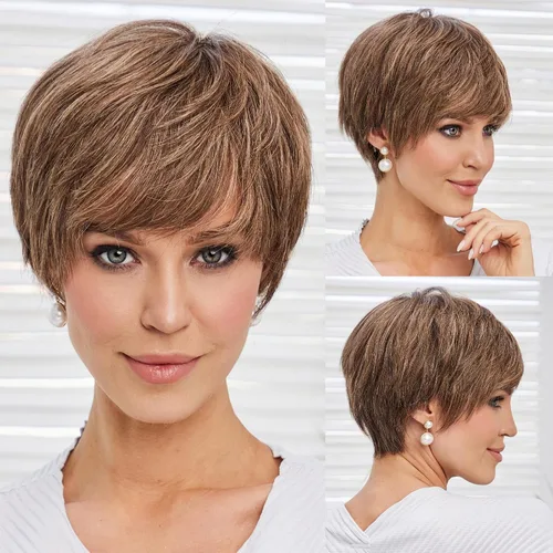 Miniatura 18 de HAIRCUBE Pelucas rubias de corte Pixie para mujer, estilo ondulado natural, peluca de encaje sintético resistente al calor con parte superior