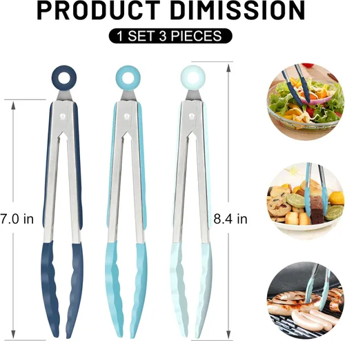 Miniatura 2 de Hotec Pinzas de cocina de silicona para cocinar, pinzas pequeñas de 7 pulgadas con puntas de silicona, juego de 3 (azul)