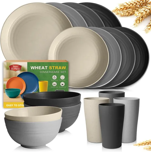 Miniatura 8 de Teivio Juego de vajilla de plástico de paja de trigo de 16 piezas, servicio para 4, platos de cena, plato de postre, tazones para cereales, tazas