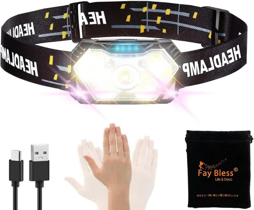 Miniatura 10 de Fay Bless USB tipo C recargable LED sensor faro con ángulo ajustable (HeadlampBand-JP-Negro 2PCS)