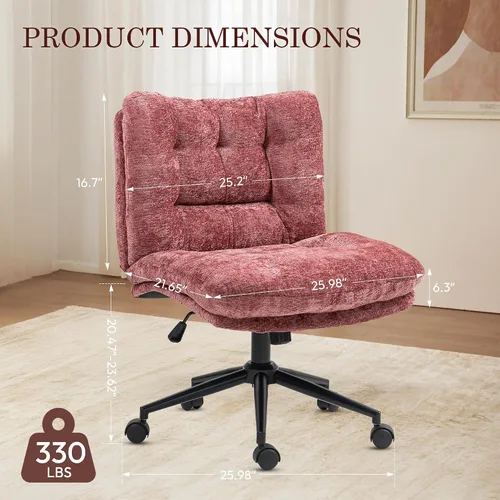 Miniatura 2 de Dowinx Silla Criss Cross con ruedas, cojín engrosado de doble capa, silla de tocador elegante de tela premium para el hogar, asiento ancho, rojo vino