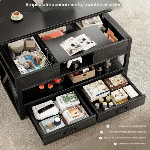 Miniatura 4 de Memobarco Mesa de Centro con Tapa Elevable de 40", Mesas de Centro Elevables Multifunción 4 en 1 con Cajones de Almacenamiento y Compartimento