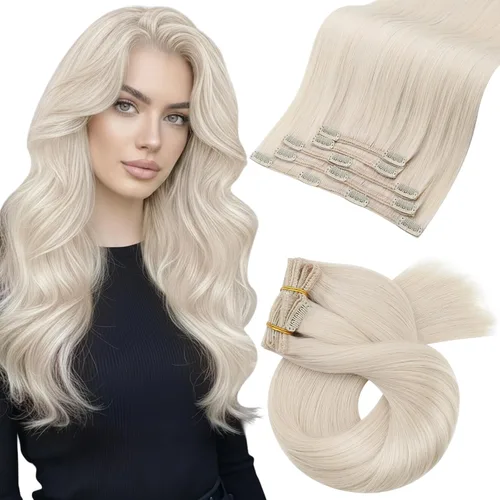 Miniatura 11 de Moresoo Extensiones de cabello humano Remy con clip, color rubio platino, extensiones de cabello humano real de doble trama, color rubio #60, 18