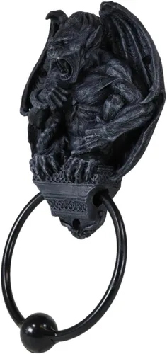 Miniatura 5 de Ebros Gift Aldaba de puerta con cabeza de gárgola de guardián gótico con anillo de metal, escultura de bola de golpeo, espíritu de Halloween, acento