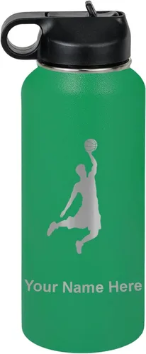 Miniatura 32 de LaserGram Botella de agua personalizada, hombre haciendo slam dunk de baloncesto, de acero inoxidable, de doble pared con aislamiento al vacío