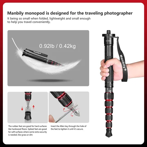 Miniatura 5 de Manbily Monopod para cámara, monopie de viaje portátil compacto y ligero de fibra de carbono con mango para cámara réflex digital, canon, nikon