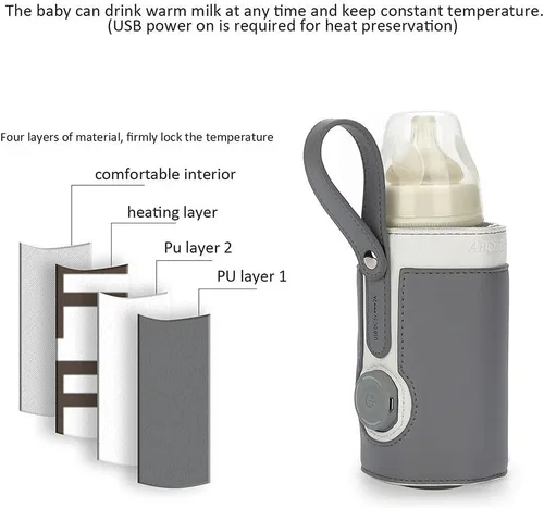 Miniatura 3 de Calentador de biberones portátil USB, 3 temperaturas ajustables para viajes en coche y mantenimiento de calor de leche, gris oscuro