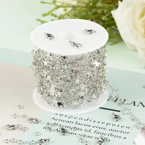 Miniatura 4 de YOUBEIYEE Cadena de 16.4 pies / 16.4 ft para hacer joyas, cadena de eslabones huecos de latón chapado en plata con forma de estrella hueca, collar