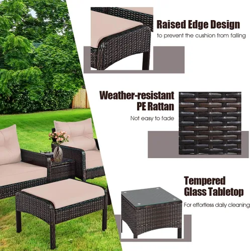Miniatura 2 de Juego de muebles de patio de 5 piezas, silla de mimbre de ratán para conversación al aire libre con 2 otomanas y mesa de centro de vidrio templado