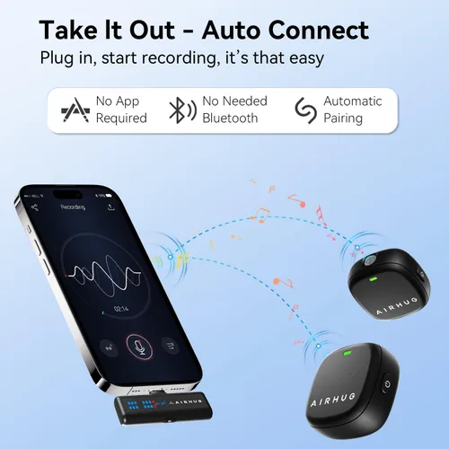 Miniatura 4 de AIRHUG Micrófono Lavalier inalámbrico para iPhone/Android/PC, batería de 60 horas, 48 KHz 24 bits, relámpago Plug-Play/USB-C, 3 modos de grabación