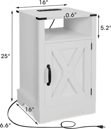 Miniatura 2 de FansaFurn Mesita de noche de granja con estación de carga, mesa auxiliar rústica de madera para dormitorio, sala de estar, 16 pulgadas de Blanco