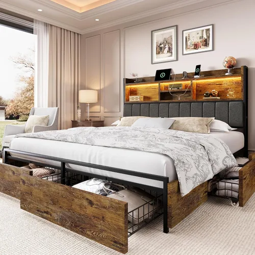 Miniatura 11 de LARMACE Base de cama tamaño Queen con 6 cajones de almacenamiento y cabecero, plataforma de madera con luces LED y estación de carga, fácil montaje