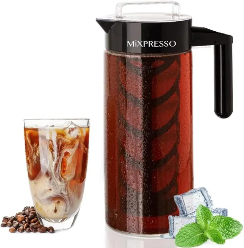Mixpresso Cafetera fría para café helado y té helado, jarra de vidrio para café frío, infusor de té para té de hojas sueltas, cafetera de té helado