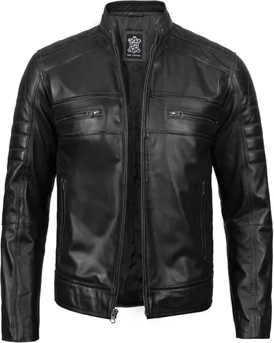 fjackets Cafe Racer - Chaqueta de cuero para hombre, de piel de cordero real, para motociclista, para hombre