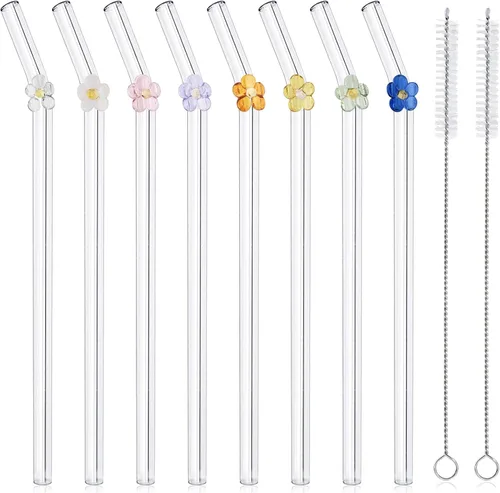 Miniatura 9 de 6 popotes de vidrio Boba reutilizables, 8.3 pulgadas x 0.394 in de ancho con dijes de flores, pajitas de té de burbujas reutilizables, aptas