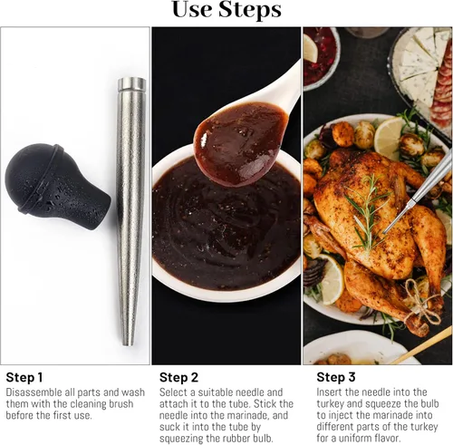Miniatura 4 de Baster de Pavo para Cocinar, Inyector de Carne Grande de Acero Inoxidable, con Cepillo de Limpieza y 2 Agujas de Adobar, Negro