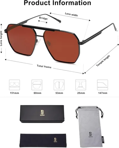Miniatura 5 de SOJOS Gafas de sol polarizadas cuadradas de gran tamaño retro para mujeres y hombres, tonos vintage, UV400, lentes de sol clásicos grandes de metal