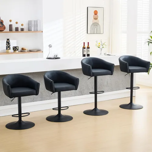 Miniatura 13 de FIRAVOE Juego de 2 taburetes de bar, taburetes de bar giratorios con respaldo y brazos, silla de bar ajustable de piel sintética de 24 a 34