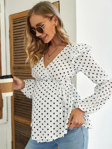 Miniatura 5 de OYOANGLE Blusa de maternidad para mujer, con volantes, manga larga, cuello en V, cinturón, ropa de embarazo