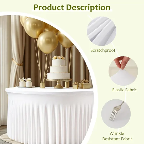 Miniatura 2 de 2 Pack White 72 inch Round Spandex Tablecloth, Washable Stretchy Fitted 6FT Round Tables,Elastic Edge with Skirt, Wrinkle-Free Table Cloths for