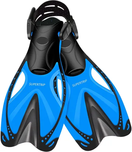 Supertrip Aletas de esnórquel para niños, aletas de natación para natación de regazo, aletas cortas ajustables, aletas de buceo de tamaño de viaje,