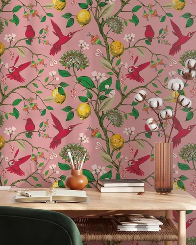 Papel tapiz rosa de colibrí y árbol de limón | Mural autoadhesivo extraíble de pájaros | Papel tapiz botánico para despegar y pegar (muestra de 12