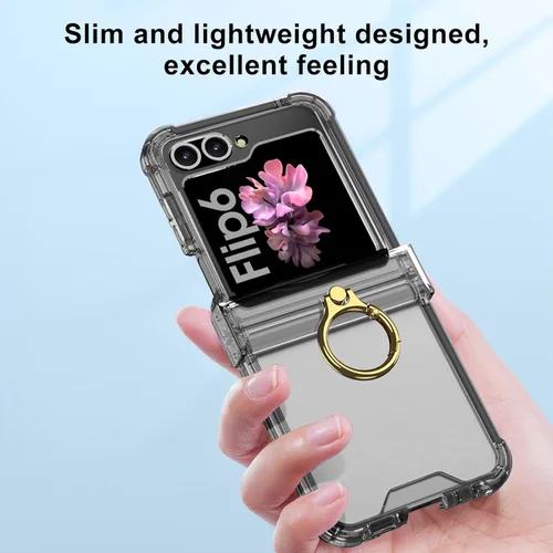 Miniatura 2 de Funda transparente para Samsung Galaxy Z Flip 6, protección de bisagra de lujo con soporte de anillo y protector de pantalla, funda suave todo Negro