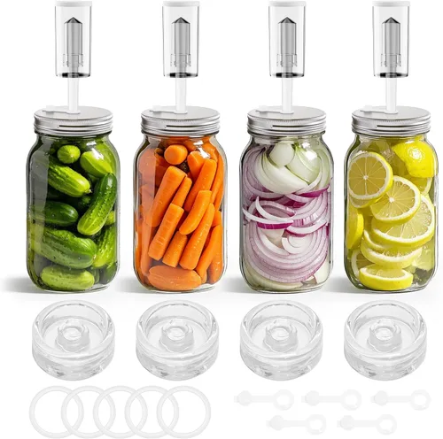 Kit de fermentación para frasco de fermentación Mason de boca ancha, kit de encurtido/chucrut con 4 pesos de fermentación de vidrio, 4 tapas de