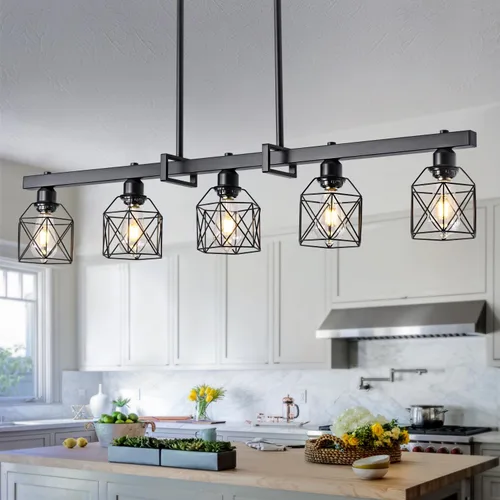 Miniatura 7 de Lámpara colgante industrial vintage de 3 luces sobre mesa, luz colgante ajustable con acabado de nogal y marco de metal negro mate, base E26