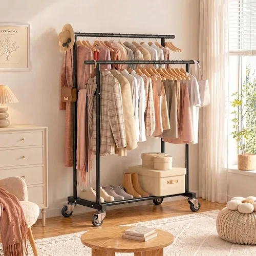 Miniatura 4 de Calmootey Perchero de ropa de doble varilla, organizador portátil para colgar ropa, organizador de ropa rodante para dormitorio, sala de estar, Negro